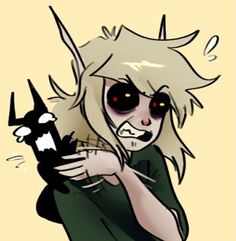 a drawing of a girl with black eyes holding a cat in her arms and looking at the camera