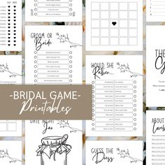 the bridal game printables are shown in black and white, with handwritten text