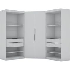 an open white cabinet with drawers and shelves