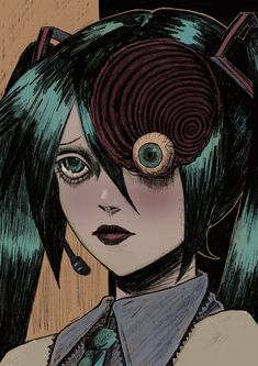 a drawing of a woman with green hair and an eyeball in her head, wearing a collared shirt