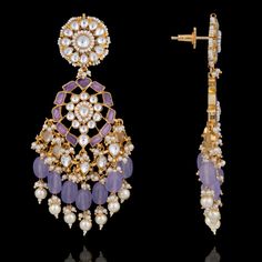 Intricately embellished and unmatchable dainty artistry! A classic pair bejeweled with glistening kundan stones and shimmering pearls and lilac beads. Approximate earrings length is 4". Gold-plated on high-quality brass as base metal. In-stock & ready-to-ship. *Please Note: We use faux stones and beads in all of our jewelry. Festive Jeweled Chandbali Pearl Earrings, Elegant Jeweled Earrings For Reception, Elegant Pearl Earrings With Dangling Beads For Festivals, Elegant Jeweled Chandbali Pearl Earrings, Festive Jeweled Bridal Earrings For Formal Occasions, Elegant Kundan Chandelier Earrings With Dangling Beads, Elegant Kundan Danglers With Dangling Beads, Elegant Kundan Danglers With Beads, Festive Jeweled Chandbali Chandelier Earrings