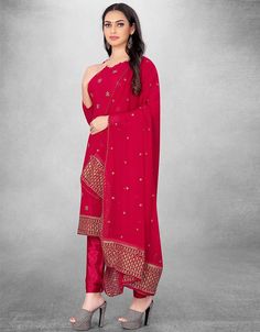 Cherry Red Georgette Chudidar Suit Festive Embroidered Georgette Set, Bollywood Style Embroidered Georgette Sets, Festive Georgette Sets With Zari Work, Festive Georgette Saree Sets, Semi-stitched Georgette Sets For Festive Occasions, Embroidered Georgette Sets For Diwali, Festive Red Georgette Unstitched Suit, Red Designer Unstitched Georgette Suit, Embroidered Georgette Saree Set