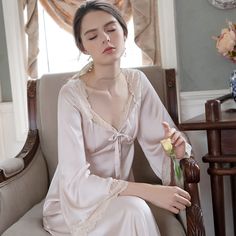 Romantic Nightgown Nightwear Princess Women Vintage Sleepwear Satin Nightdress Women, Vintage Sleepwear, Vintage Palace, Long Nightdress, Satin Sleepwear, Dress Sleeve Length, Cotton Pajama Sets, Home Dress, Midi Dress With Sleeves