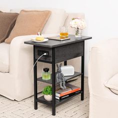 a living room with a white couch and table