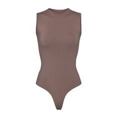 ESSENTIAL CREW NECK SLEEVELESS BODYSUIT - SMOKE | SKIMS Stretch Stitch, Purple L, Out Of Shape, Long Torso, Sleeveless Bodysuit, Body Suit, Long Sleeve Bodysuit, Second Skin, Satin Finish