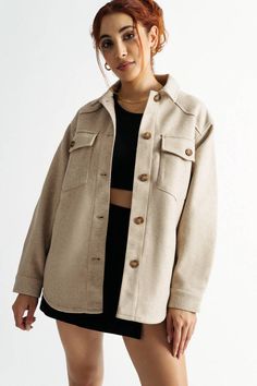 Beige Button Down Shacket - Oversized Shirt Jacket - Courderoy Shacket Outfit, Beige Button Up Shirt Outfit, Oversized Shacket Outfit, Beige Shacket Outfit, Big Jacket Outfits, Cream Jacket Outfit, Beige Jacket Outfit, Beige Shacket, Oversized Jacket Outfit