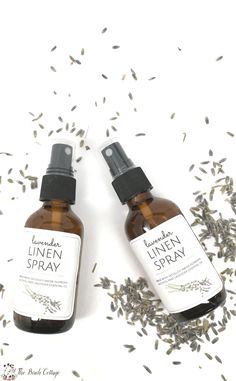 lavender linen spray with free printable label on the front and back of two bottles