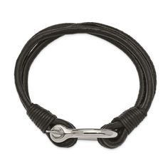 Stainless steel shackle multi-strand black leather bracelet with polished finish and loop clasp. Measures approximately 8 1/2"L x 1/2"W. Adjustable Black Leather Bracelet With Lobster Clasp, Black Leather Jewelry With Lobster Clasp, Mastercard Logo, Black Leather Bracelet, Stainless Steel Polish, Shopping Spree, Multi Strand, Bracelet Sizes, Leather Material