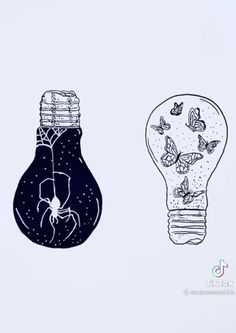 two lightbulbs with different designs on them, one has a spider in it