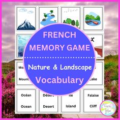 french memory game for nature and landscape vocabuary with pictures on it in pink frame