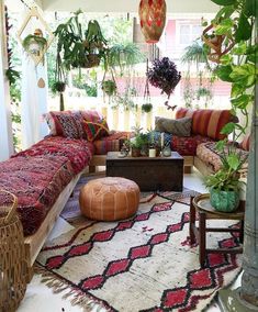 a living room filled with lots of plants next to a couch and coffee table on top of a rug