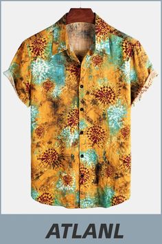 Great for summer vacation, daily leisure, sun beach, travel, rock parties, concert, streetwear, stage performance, dating, urban style, themed parties etc. Yellow Short Sleeve Shirt, Sunflower Clothing, Floral Hawaiian Shirt, Yellow Short, Shirts Short Sleeve, Sun Beach, Yellow Sunflower, Yellow Shorts, Retro Print