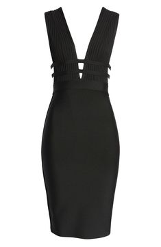 A plunging neckline takes center stage on this curve-accentuating bandage dress that's full of night-out appeal. Plunge neck Sleeveless 95% polyester, 5% elastane Dry clean Imported Stretch V-neck Bandage Dress For Date Night, Sleeveless Bandage Dress For Formal Occasions, Formal Sleeveless Bandage Dress, Chic Bandage Dress For Night Out, Chic Elastane Bandage Dress For Night Out, Chic Stretch Bandage Dress, Bodycon Bandage Dress For Cocktail, Stretch V-neck Bandage Dress For Club, Evening Bodycon Bandage Dress With Cutout