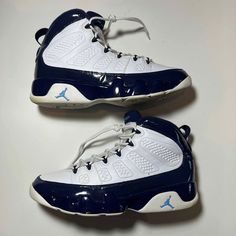 Air Jordan 9 Retro 'UNC' US Mens Size 12 302370-145 Basketball Shoes 2019 Navy Blue Sneakers 100% Authentic White IX Jumpman Kicks Item will be shipped in a package/box, contact me if you have a preference, condition as is in pictures, if you have any questions, comments or concerns please contact me at anytime, I want to make sure the customer is happy with the purchase and that we can come to a happy conclusion, check me out on social media if you want more pictures, thank you!  Shoes are in g Outdoor Lace-up Basketball Shoes With Cushioned Footbed, Fade-resistant Lace-up Jordan Shoes, Sports Lace-up Jordan Shoes, Blue Breathable Lace-up Jordan Shoes, Jordan Shoes For Light Sports With Fade-resistant Round Toe, Blue Custom Sneakers For Light Sports, Fade-resistant, Sports Jordan Shoes Fade-resistant, Sports Jordan Shoes Fade-resistant Lace-up, Blue Custom Sneakers For Light Sports