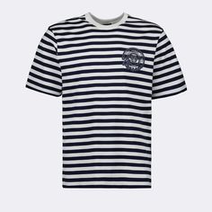 T-shirt marinière Versace pour homme. Casual Blue T-shirt With Striped Collar, Short Sleeve Cotton Tops With Signature Stripes, Sailor Style Cotton Crew Neck Top, Summer Crew Neck T-shirt With Striped Collar, Striped Cotton T-shirt With Three Stripes, Navy Short Sleeve Tops With Contrast Stripes, Striped Cotton T-shirt, Navy Short Sleeve Top With Contrast Stripes, Sailor Style Short Sleeve Cotton Top