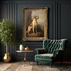 a dog is sitting in front of a painting on the wall next to a chair