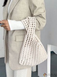 BirdinBag - Chic Mini Crochet Bag: Colorful, Hollow Design for Stylish Vacation with Double Handles White Crochet Bag, Minimalist Crochet, Crochet Handbag, Hollow Design, Word Wrap, Black Crochet, Crochet Bags, Crochet Handbags, White Crochet