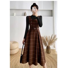 Buy high quality fall winter women sweater overalls dress sets casual knitted tops +plaid woolen dress 2 piece sets outfits female at rebelsmarket for . find more ,  and  products. enjoy ✓free shipping worldwide! ✓limited time sale ✓easy return. Vintage Core Outfits, Dark Academia Dresses, Academia Wardrobe, Dark Academia Dress, Capsule 2023, Plaid Sweater Dress, Preppy Mode, Teacher Aesthetic, Woolen Dresses