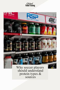 a shelf with many different types of sports and protein drinks on it's shelves