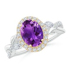 Immaculately designed, this twisted vine ring epitomizes pure luxury. It showcases an oval amethyst prong-set amid a sparkling halo of diamonds. For added brilliance, the  shank of this 14k white & yellow gold amethyst halo ring is encrusted with dazzling diamonds. February Birthstone Jewelry, Vine Ring, Amethyst Ring Engagement, Purple Amethyst Ring, Ring With Diamond, Celestial Jewelry, Amethyst Jewelry, Star Jewelry, February Birthstone