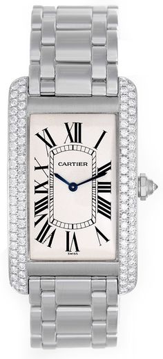 Buy Cartier Tank Americaine 18k White Gold Factory Diamond Bezel Men's or Ladies Large Watch online from our DeMesy.com. See our other products. Cartier Tank Americaine, Gold Factory, Rolex Usa, Swiss Watch Brands, Cartier Bracelet, Cartier Tank, Fine Watches, Bezel Diamond, Diamond Watch