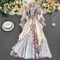 Floral Print Turn Down Collar Single Breasted High Waist A Line With Belt Dress Vestidos Vintage, Floral Print Maxi Dress, Floral Print Maxi, Luxury Dress, Slim Dresses, Maxi Dress Party, Fesyen Wanita, Mode Style, Looks Vintage