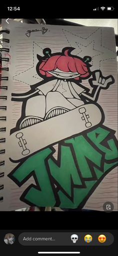 a drawing of a cartoon character holding a skateboard with the word mr on it