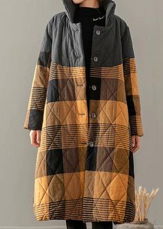 Casual Plus Size Winter Overcoat Yellow Plaid Stand Collar Button Down Coats Jacket Inspiration, Pretty Pants, Quilted Items, Quilted Clothing, Winter Overcoat, Work Fits, Plus Size Fall, Plus Size Winter