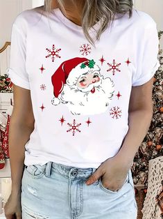 Festive Christmas Cartoon T-Shirt for Women: Stylish Crew Neck, Casual Christmas Printed Crew Neck Top, Casual T-shirt With Character Print As Gift, White Casual Christmas T-shirt, Casual White Christmas T-shirt, White Christmas Cartoon Print Tops, White Christmas Tops With Cartoon Print, Casual Christmas Tops With Character Print, White Casual T-shirt For Christmas, Casual White T-shirt For Christmas