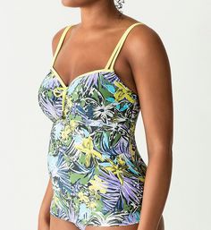 Lush, abstract neon tropical print swim tankini with a supportive shelf bra with padded cups, and straps that convert. Made of polyamide, polyester and elastane. Shelf bra with multi-part, lightly padded cups gives you an ideal shape and total coverage. Bra-sized selection helps you find the perfect size! Non-stretch neckline has a solid neon trim. Covered elastic band along bottom of cups helps sustain fit. Ruching at center has decorative ties with greytone metal caps. Shelf bra's top sides ar Surf Girl, Ideal Shape, Pacific Beach, Beach Collection, Swim Tankini, Tankini Swim Tops, Printed Swim, Girl Pattern, Shelf Bra