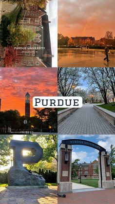 four different pictures with the words purdue above them and below it, there is a clock tower in the distance