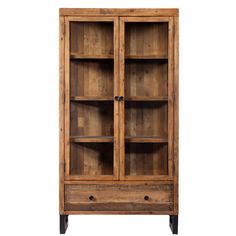 an old wooden bookcase with glass doors on the front and bottom shelves, isolated against a white background