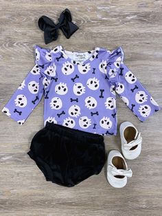 Purple Skull & Bones 2 Piece Girls Halloween Outfit - Sydney So Sweet Cute Long Sleeve Sets For Halloween, Fitted Tops For Fall Playwear, Purple Long Sleeve Sets For Fall, Black Ruffled Top For Halloween, Cute Long Sleeve Purple Sets, Cute Purple Long Sleeve Sets, Cute Long Sleeve Halloween Sets, Playful Long Sleeve Ruffled Sets, Purple Long Sleeve Tops For Playtime