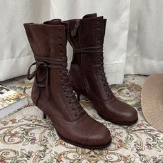 Vintage Martin Boots Square Toe Lace Up Kitty Heel Women's Boots In Coffee/Black Mid Heel Ankle Boots, Boots Square Toe, Coffee Black, Color Coffee, Heel Ankle Boots, Unique Beauty, Martin Boots, Mid Calf Boots, Black 7