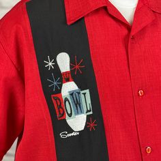 *FREE SHIPPING IN THE CONTINENTAL UNITED STATES ON ALL BOWLING SHIRTS This loose, comfortable, and airy "Lucky Strike" PopCheck Double Panel Bowling Shirt in Red/Black is great for all you cool cats and bowling lovers out there! It features an embroidered, retro styled, bowling pin on a single black panel on a red polyester shirt. Years ago I made my own coffee table from a section of a real bowling alley floor I got from an underground bowling alley in Denver, CO that closed down. I painted thi Red Retro Shirt With Relaxed Fit, Retro Red Relaxed Fit Shirt, Bowling Alley Floor, Jordan Clothes, Vintage Bowling Shirts, Custom Tshirt, Bowling Alley