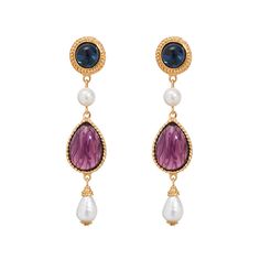 The Elwyn earrings from the Lucresia collection are available in two exquisite combinations: an eye-catching blue/purple combo or elegant red/blue combo. Featuring 2 large Czech glass stones and Majorca glass pearl drops set in 24K gold-electroplated brass, these drop-down earrings are 2.75" long and 0.5" wide with post backs for easy wear. Ben-Amun jewelry is handmade in our New York City design studio. Please allow 7-14 business days for production before shipment. Gem Earrings, Sparkly Jewelry, Purple Earrings, Fall Earrings, Elegant Red, 24kt Gold, Pearl Set, City Design, Jewelry Inspo