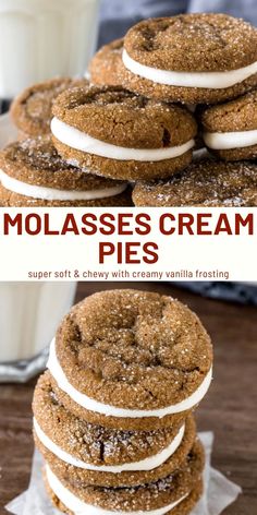 molasses cream pies are stacked on top of each other with white frosting