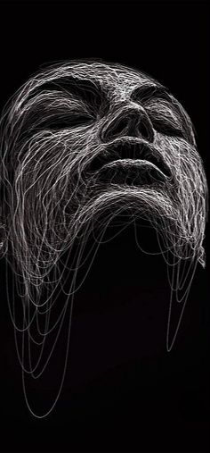 an artistic drawing of a man's face with lines coming out of his hair