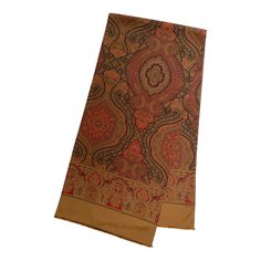 This silk paisley pattern with its border is a reproduction of a paisley from the antique archive of Le Musée de l’Impression sur Etoffes in Mulhouse, France, printed in Italy. It has hand-drawn fringe on two ends and a seam down one side so the back of the fabric never shows, very classy.  It has never been out of its original packaging except to photograph it for this Chairish listing. Vintage Brown Scarf With Paisley Print, Vintage Silk Shawl With Paisley Print, Silk Vintage Shawl With Paisley Print, Silk Shawl With Paisley Print In Vintage Style, Vintage Paisley Print Pashmina Scarf, Vintage Paisley Print Pashmina Shawl, Vintage Pashmina Scarf With Paisley Print, Vintage Silk Pashmina Shawl With Paisley Print, Vintage Jamawar Pashmina Shawl With Paisley Print