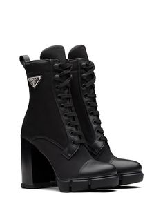 Prada triangle-logo 110mm Boots - Farfetch Combat Boots Heels, Dr Shoes, Ankle Sandals, Toes Designs, Black Pumps Heels, Lace Up Booties, Stiletto Sandals, Triangle Logo, Nylon Fabric