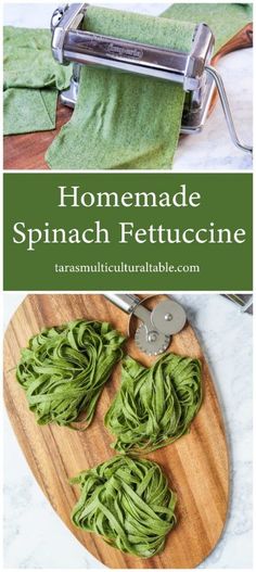 homemade spinach fettuccine on a cutting board with the title overlay