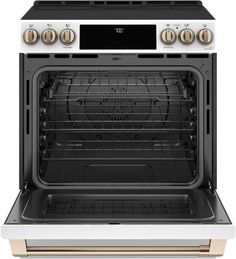 an oven with the door open and two burners on it's front grill