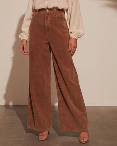 Brown % Sophia Wide Leg Pants-1 Wide Corduroy Pants Outfit, Brown Wide Leg Pants Outfit, Wide Leg Pant Outfit, Fall Pants, Velvet Clothes, Formal Pants, Corduroy Fabric, Brown Pants, Fit Ideas