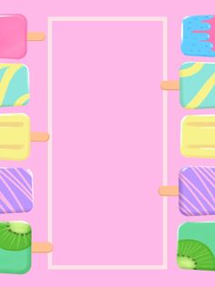 a pink background with ice cream, kiwi slices and a square frame on it