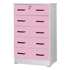 a pink and white chest of drawers on a white background with the words love written in black