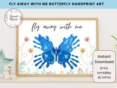 Fly Away With Me Butterfly - Printable - Instant Download Fly Away With Me Butterfly handprint craft is an instant download!  Simply download the file, print and add handprints with paint.  Let it dry then frame it or save it as a keepsake! This adorable handprint craft is a fun activity to do in the classroom or at home! Makes great home decor and also a sentimental gift idea for someone special. | HERE'S WHAT YOU'LL GET | One (1) 8.5" x 11" PDF (US letter size) One (1) 8" x 10" JPG  One (1) 16 x 20" JPG Images listed above do NOT include handprints - they are blank templates so you can add your child's handprint at home! *Download also includes one (1) additional 8.5" x 11" PDF that DOES include the handprints if you wish to print that version also* Tip: To make a clean print, use a pain Children Handprint Art, Hand Print Butterfly, Butterfly Handprint Craft, Handprints On Canvas, Hand Print Painting Ideas, Cute Handprint Art, Keepsake Printable, Handprint Butterfly, Hand Print Art