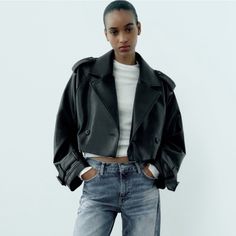 Cropped Jacket With Lapel Collar. Long Sleeves With Epaulettes And Belted Cuffs. Self Belt With Buckle. Front Button Closure. Short Trench Coat Women, Black Coat Outfit, Cropped Faux Leather Jacket, Cropped Trench Coat, Faux Coat, Fall Winter Jacket, Ladies Short Jackets, Belt With Buckle, Short Trench Coat