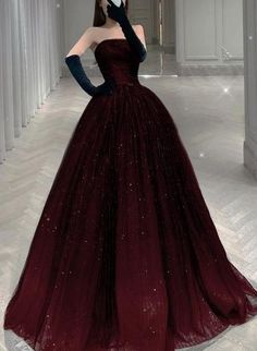 Black And Tulle Shiny Tulle Long Evening Dress Royal Ball Gown Aesthetic Black, Long Dark Dress Aesthetic, Pretty Gown Aesthetic, Red Fancy Outfits For Women, Dark Red Dress Long Elegant Prom, Dresses For A Queen, Dark Red Gown Elegant, Pretty Gowns Princesses, Red Velvet Ball Gown