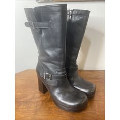 Harley-Davidson Women's Soho Hi Black Motorcycle Biker Boots Buckle Style #81188 Size 10, Heel 3.5", Shaft 11" New No Box Black Knee-high Moto Boots Medium Width, Wide Calf High Ankle Leather Moto Boots, Wide Calf High Heel Leather Moto Boots, Leather High Heel Wide Calf Moto Boots, Leather Biker Platform Boots For Fall, Biker Style High Ankle Leather Boots, Fall Biker Style Leather Platform Boots, Wide Calf Moto Boots With Stacked Heel, Black Wide Calf Moto Boots With Buckle