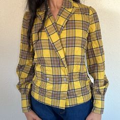 Nwt New York & Company Kate Hudson Quest Plaid Top From Kate Hudson Collaboration Collection (Happy X Nature) Pit-To-Pit: 19" Length: 23.5' D3 Retro V-neck Top For Workwear, Retro Fitted Tops For Fall, Fitted Retro Tops For Fall, Fitted Plaid Long Sleeve Top, Fitted Long Sleeve Plaid Top, Fitted Plaid Cotton Tops, Retro Fitted Plaid Tops, Retro Yellow Tops For Work, Yellow Retro Tops For Work